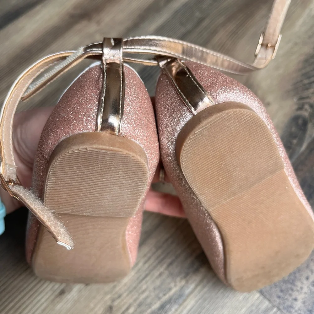 Girls' Rose Gold Glitter Mary Jane Dress Shoes with Ankle Strap